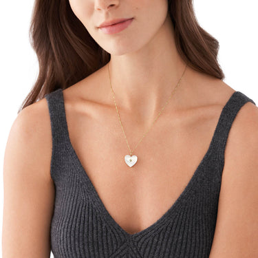 Fossil Yellow Gold Plated Stainless Steel White Mother Of Pearl Heart Locket Pendant On Chain