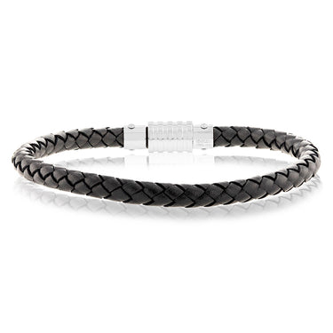 Forte Stainless Steel Black Leather 21.5cm Bracelet