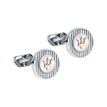 Maserati Stainless Steel Round Stripped Rose Gold Logo Cufflinks