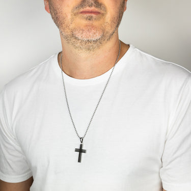 Stainless Steel Stripped Cross On 60.9cm Ball Chain