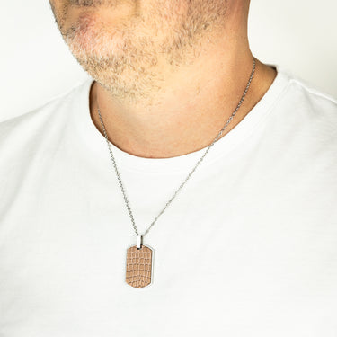 Stainless Steel Chocolate Colour Leather Look Dog Tag Pendant On Chain