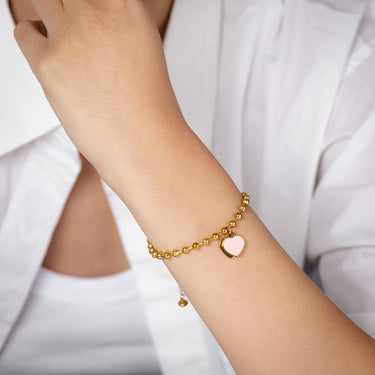 Stainless Steel Gold Plated Heart Charm Beaded Bracelet