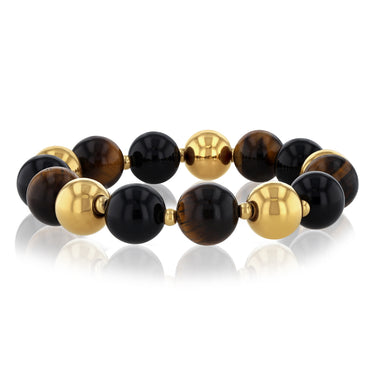 Stainless Steel Gold Plated Black Agate Tiger Eye 17.5cm Stretchable Bracelet