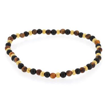 Stainless Steel Gold Plated Black Agate Tiger Eye 17.5cm Stretchable Bracelet