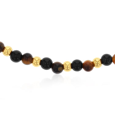 Stainless Steel Gold Plated Black Agate Tiger Eye 17.5cm Stretchable Bracelet