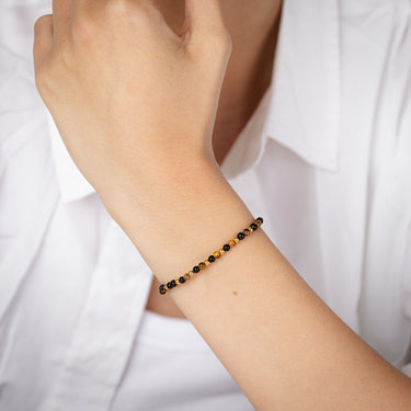 Stainless Steel Gold Plated Black Agate Tiger Eye 17.5cm Stretchable Bracelet