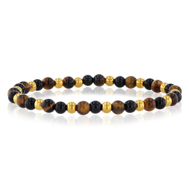 Stainless Steel Gold Plated Black Agate Tiger Eye 17.5cm Stretchable Bracelet
