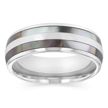 Forte Tungsten Two Lines Natural Black Seashell Inlay Polished Ring