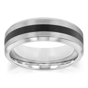 Stainless Steel Ring with Black Stripe Accent