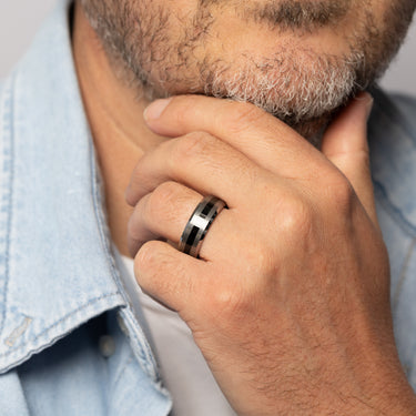 Stainless Steel Ring with Black Stripe Accent