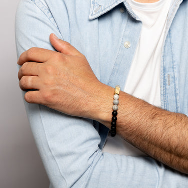 Black & Grey Stone Bead Bracelet with Gold Accent