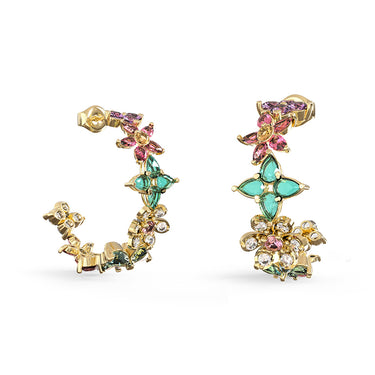 Guess Gold Plated Stainless Steel Crystal Flowers Hoop Earrings