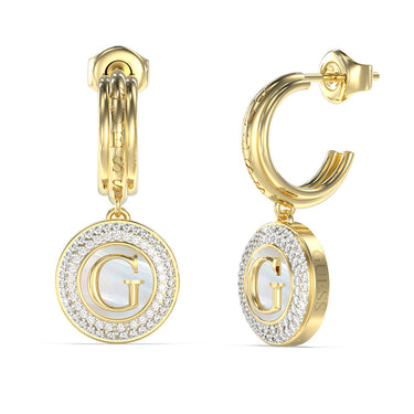 Guess Gold Plated Stainless Steel Pearly G Coin 30mm Hoop Earrings