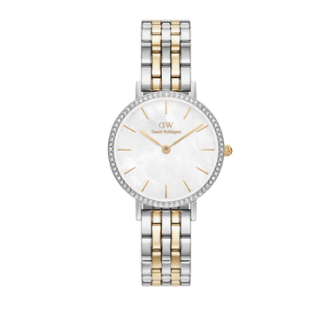 Daniel Wellington Petite 28 Bezel 5-Link White Mother of Pearl Two-Tone Gold & Silver Watch