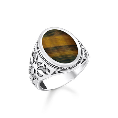 THOMAS SABO Rebel Wolf Ring with Gold-Blue Tiger's Eye