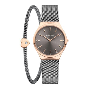 Bering Gift Set 35mm Rose Gold Grey Milanese Strap with Matching Bracelet Watch