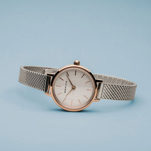 Bering Classic 26mm Rose Gold Silver Milanese Strap Watch