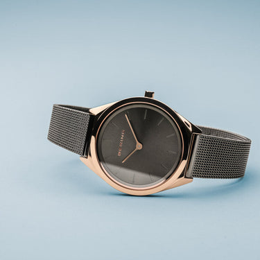 Bering Ultra Slim Polished Rose Gold Grey Mesh Watch