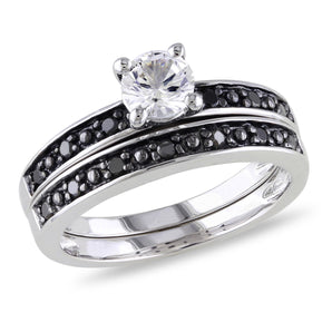 Ice Jewellery 1/5 CT Black Diamond & 5/8 CT Created White Sapphire Bridal Set Ring Silver Black Rhodium Plated - 75000001945 | Ice Jewellery Australia