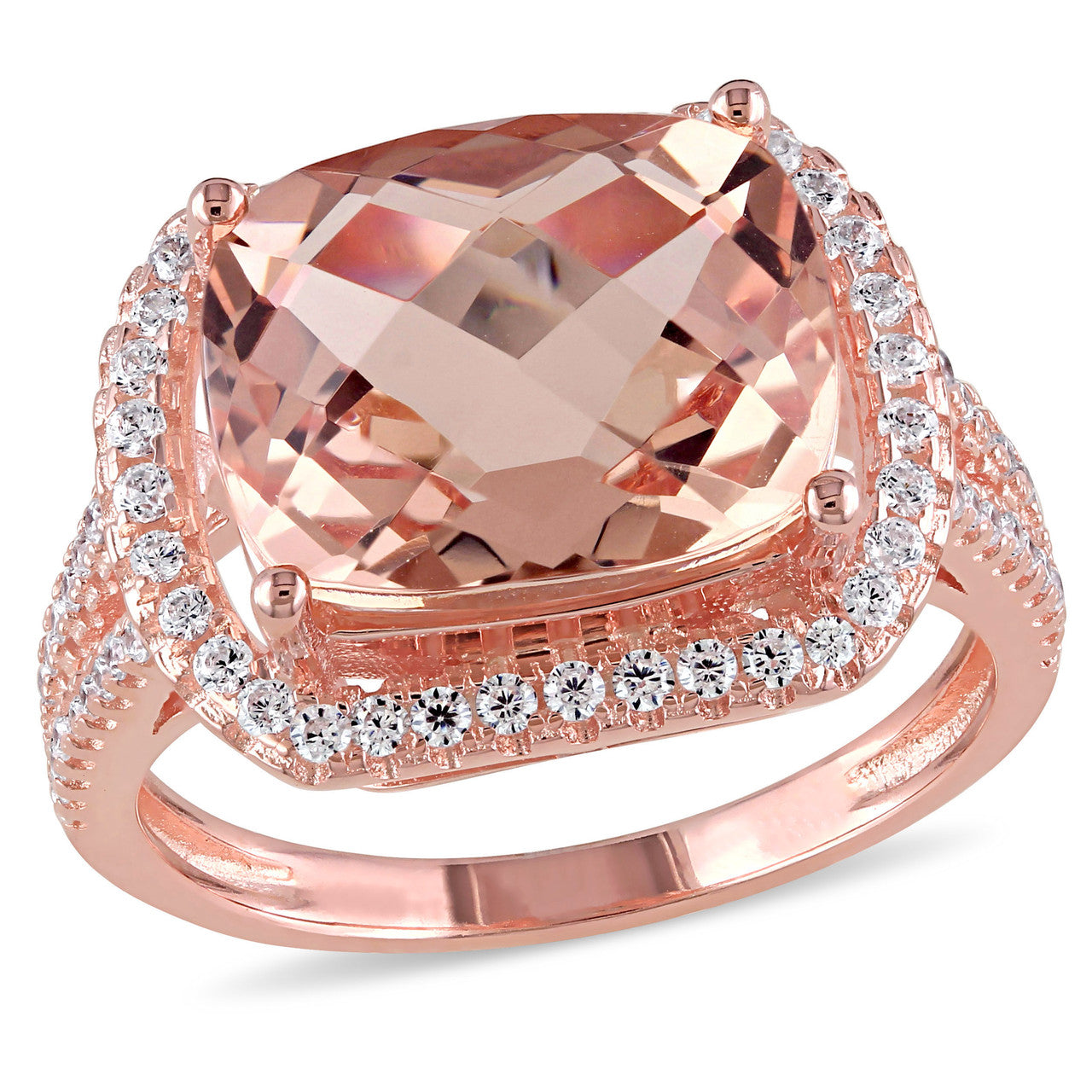 Ice Jewellery Cushion Cut Simulated Morganite & Cubic Zirconia Halo Ring In Rose Plated Sterling Silver - 75000002492 | Ice Jewellery Australia
