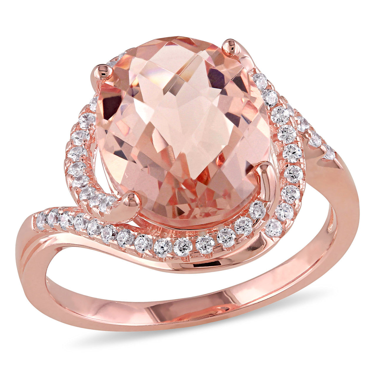 Ice Jewellery Simulated Morganite & Cubic Zirconia Oval Halo Swirl Ring In Rose Plated Sterling Silver - 75000002494 | Ice Jewellery Australia