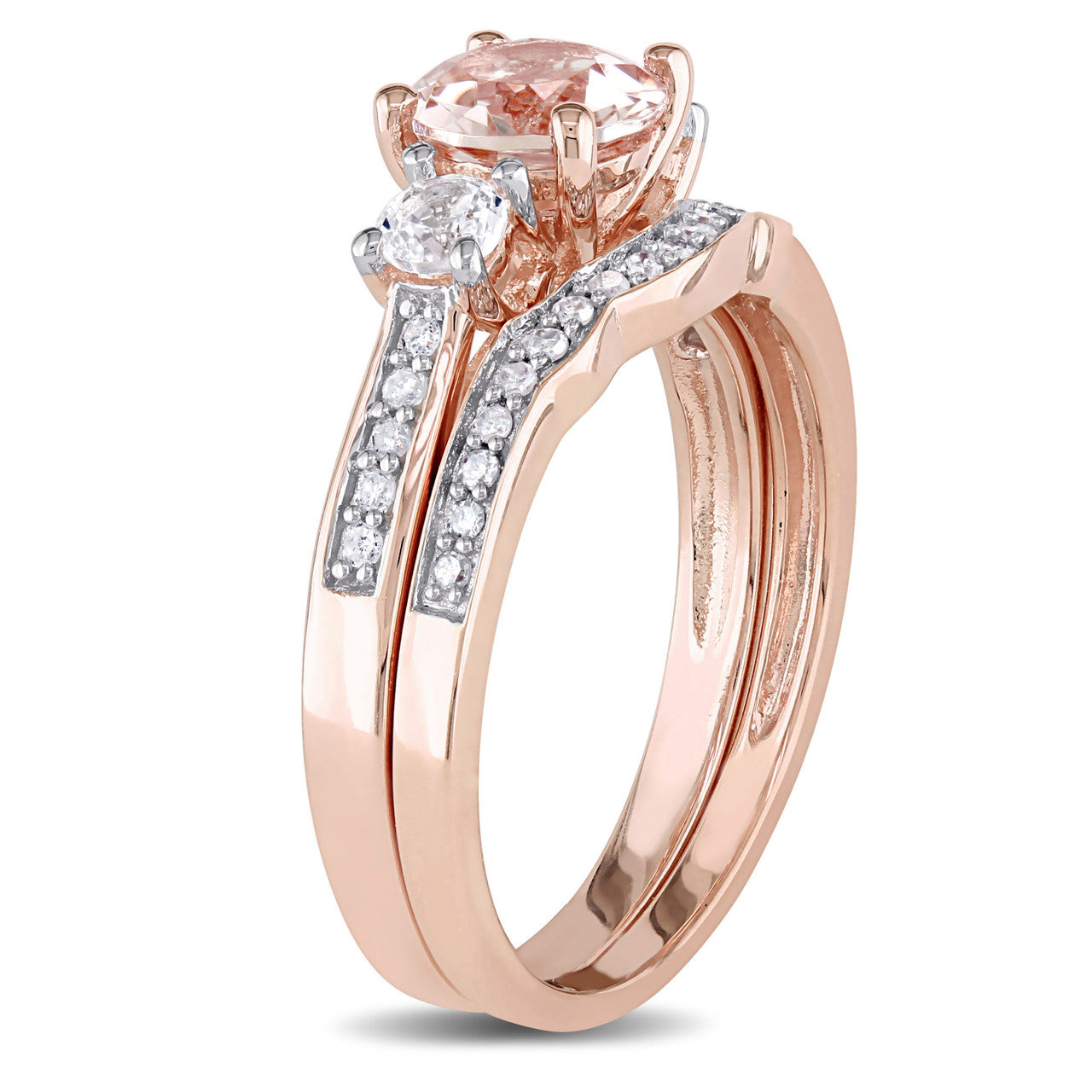 Ice Jewellery 1/7 CT Diamond TW & 1 1/7 CT TGW Morganite Created White Sapphire Bridal Set Ring 10k Pink Gold - 75000003773 | Ice Jewellery Australia
