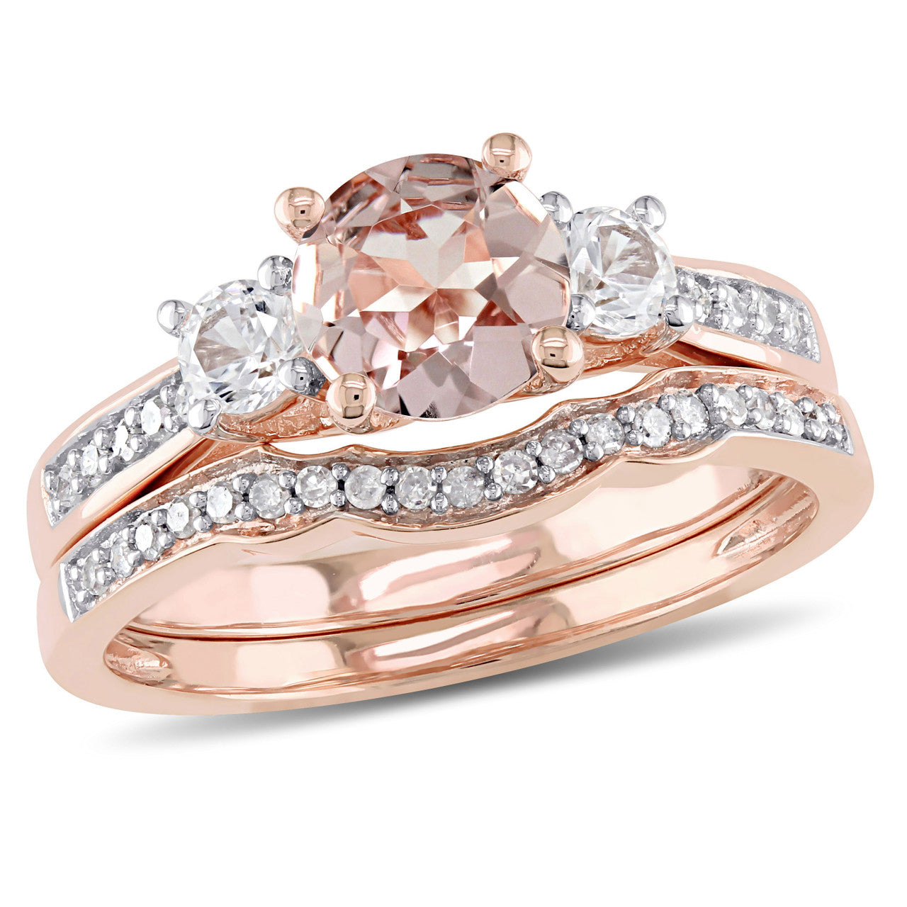 Ice Jewellery 1/7 CT Diamond TW & 1 1/7 CT TGW Morganite Created White Sapphire Bridal Set Ring 10k Pink Gold - 75000003773 | Ice Jewellery Australia