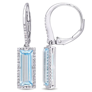 Ice Jewellery Baguette Cut Blue Topaz & White Sapphire Halo Drop Earrings in Sterling Silver - 75000003846 | Ice Jewellery Australia