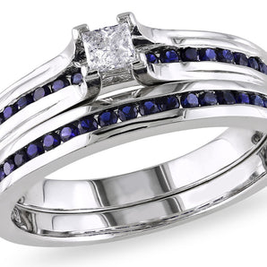 Ice Jewellery 1/6 CT Princess Diamond TW & 1/2 CT TGW Created Blue Sapphire Bridal Set Ring Silver GH I2;I3 - 7500040166 | Ice Jewellery Australia