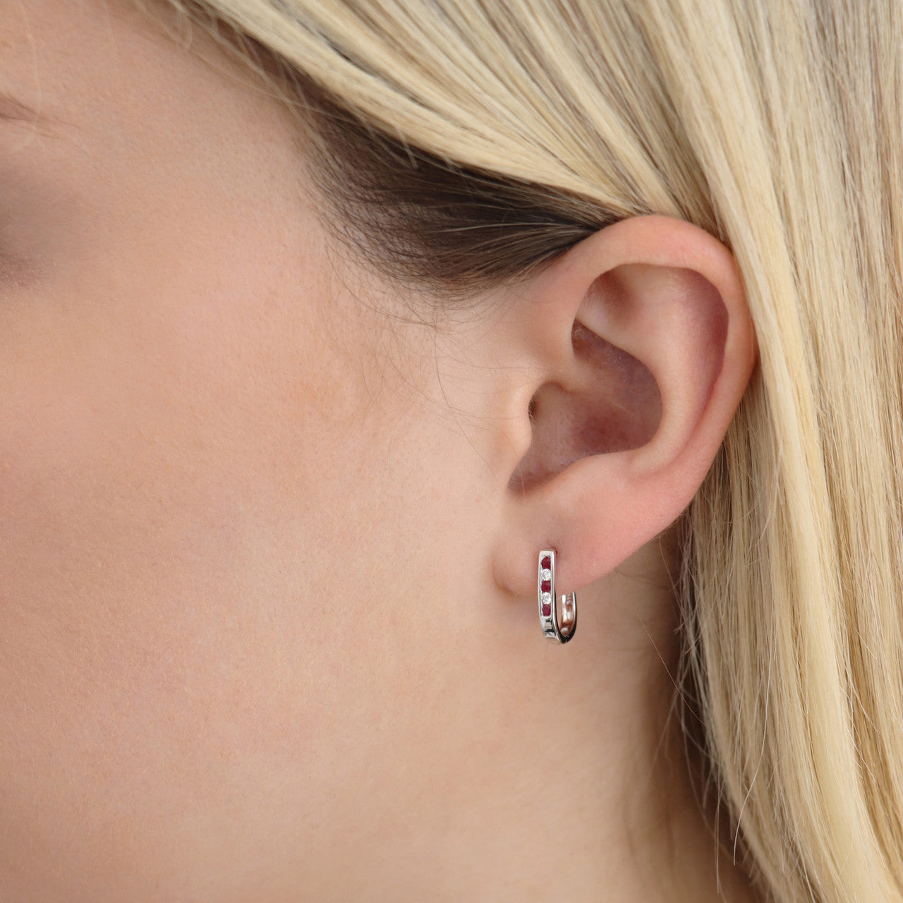 Ice Jewellery Ruby Diamond Huggie Earrings with 0.15ct Diamonds in 9K White Gold - 9WHUG15GHR | Ice Jewellery Australia