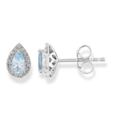 Aquamarine Stud Earrings with 0.10ct Diamonds in 9K White Gold