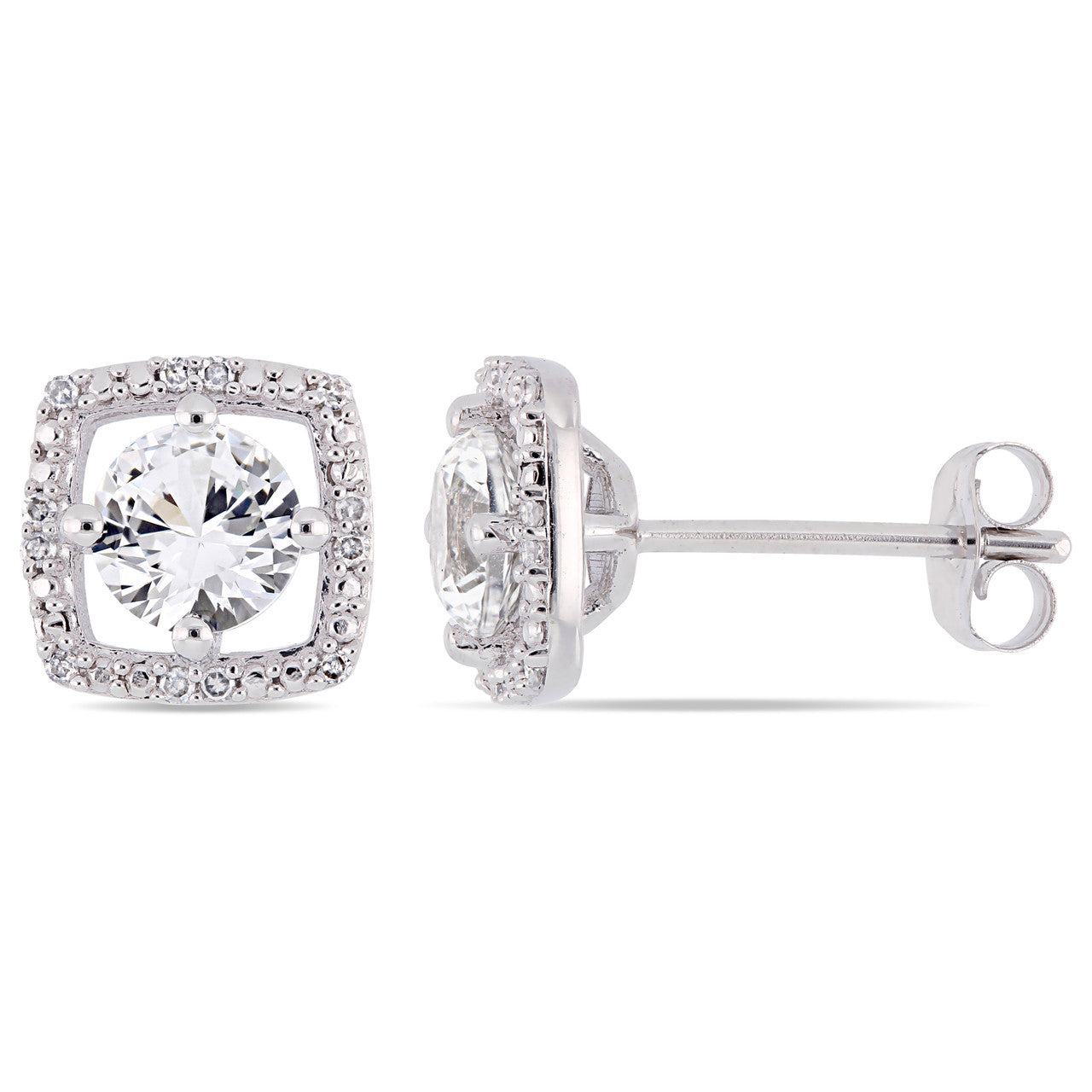 Ice Jewellery 0.07 CT Diamond TW & 1 1/3 CT TGW Created White Sapphire Ear Pin Earrings 10k White Gold GH I2;I3 - 75000004065 | Ice Jewellery Australia