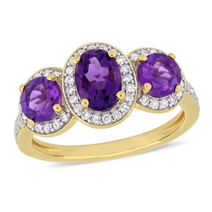 Ice Jewellery 1 5/8 CT TGW Oval-Cut Amethyst & 1/3 CT Tw Diamond 3-Stone Halo Ring In Yellow Plated Sterling Silver - 75000004301 | Ice Jewellery Australia