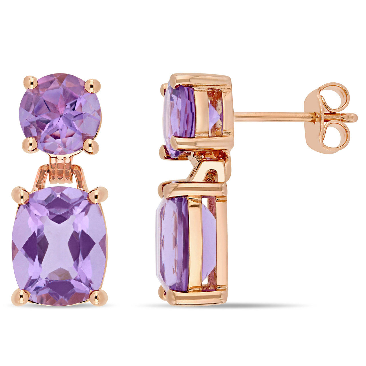 Ice Jewellery 8 CT TGW Round & Cushion Cut Amethyst Dangle Earrings In Rose Gold Plated Sterling Silver - 75000004334 | Ice Jewellery Australia
