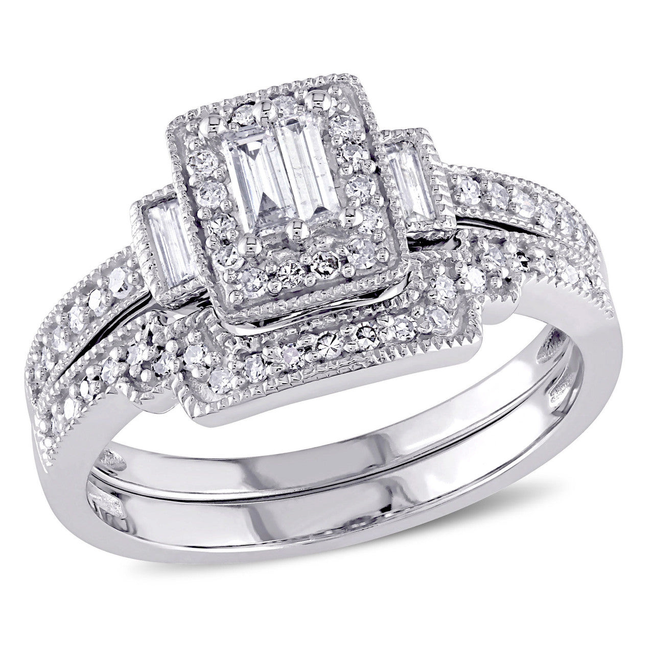 Ice Jewellery 2/5 CT Parallel Baguette and Round Diamonds TW Bridal Set Ring in 10k White Gold - 75000004429 | Ice Jewellery Australia