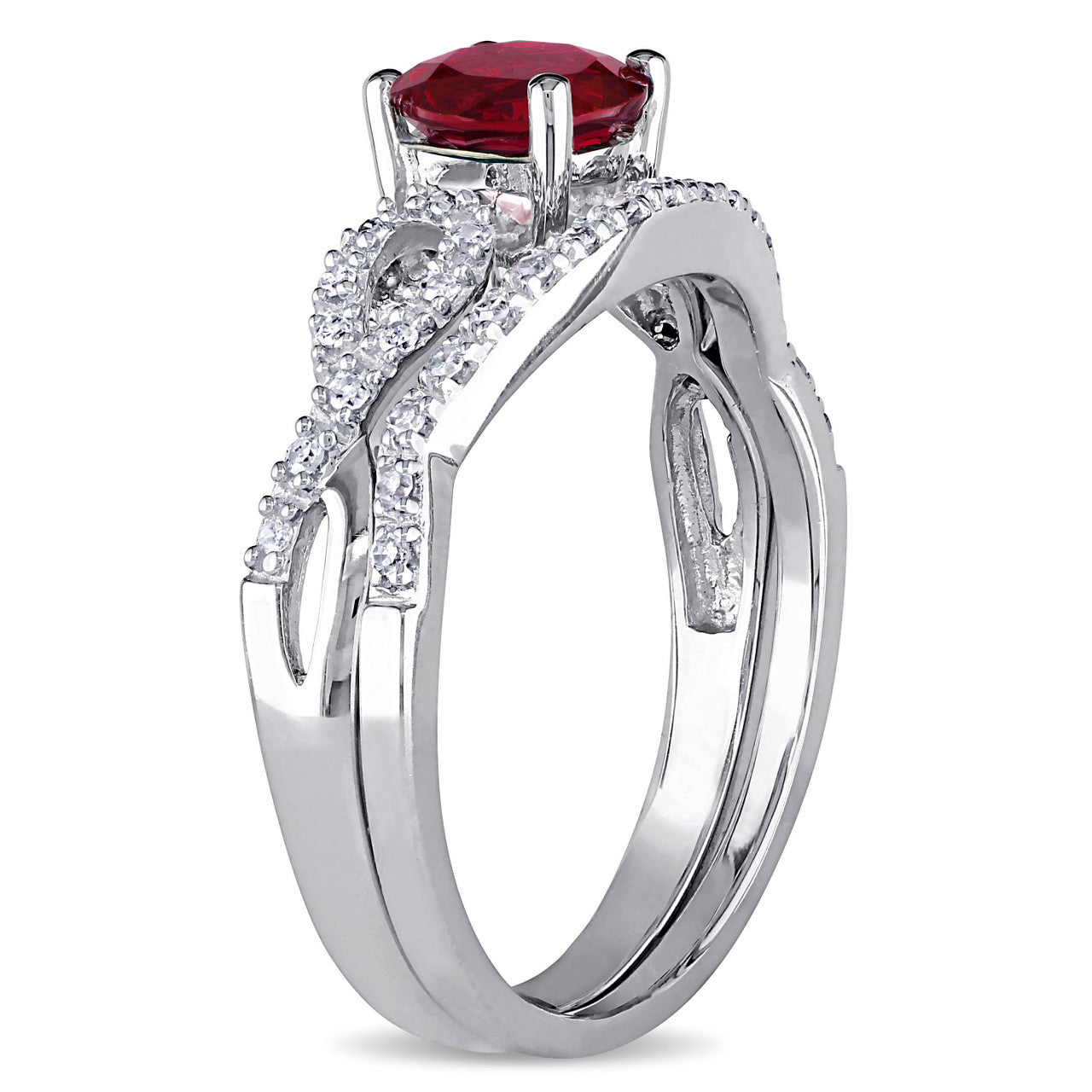 Ice Jewellery 1/6 CT Diamond TW and 1 CT TGW Created Ruby Bridal Set Ring in 10k White Gold - 75000004883 | Ice Jewellery Australia