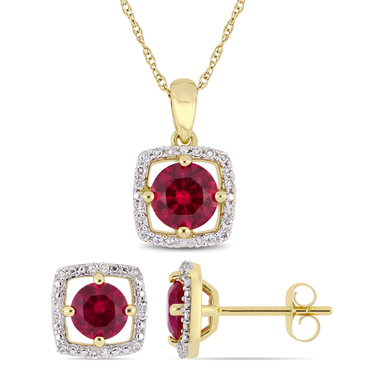 Ice Jewellery 2 PC SET OF 1/6 CT Diamond & 2 1/6ct TGW Created Ruby Earrings & Pendnat W/chainin 10k Yellow Gold - 75000004944 | Ice Jewellery Australia