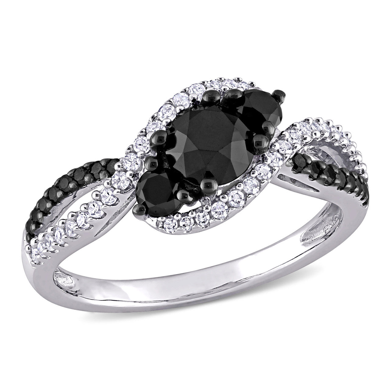 Ice Jewellery 1 CT TDW Black and White Diamond Three-Stone Engagement Ring in 10k White Gold | Ice Jewellery Australia