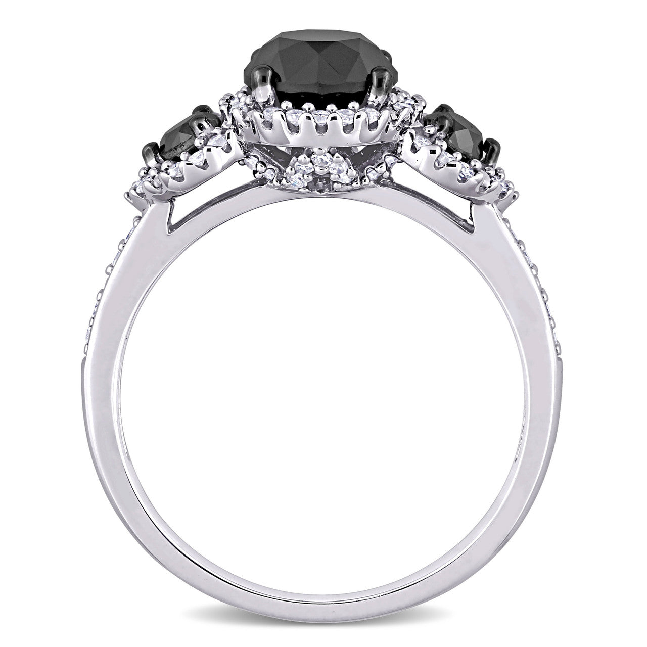 Ice Jewellery 2 CT TDW Black and White Diamond Three-Stone Halo Engagement Ring in 10k White Gold | Ice Jewellery Australia