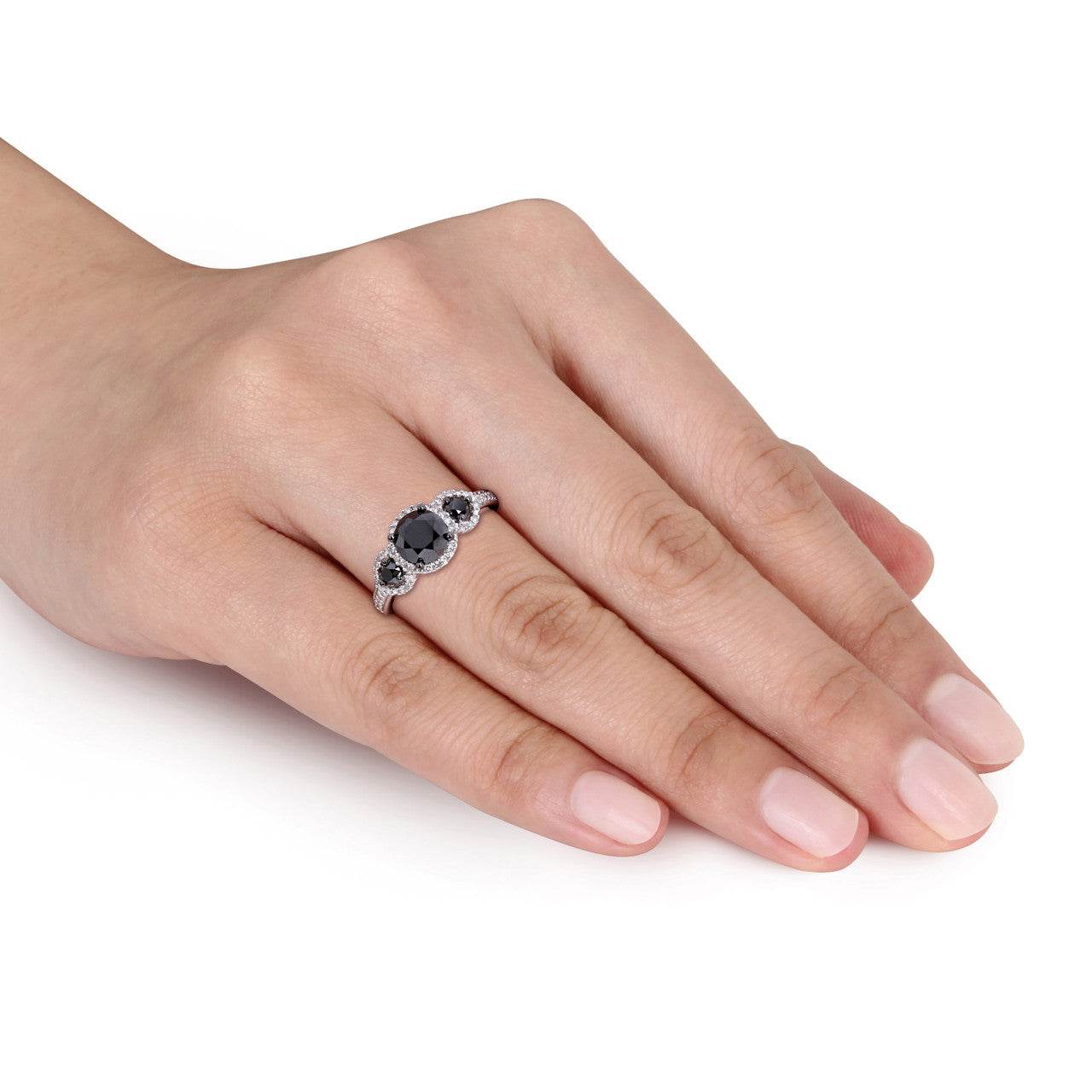 Ice Jewellery 2 CT TDW Black and White Diamond Three-Stone Halo Engagement Ring in 10k White Gold | Ice Jewellery Australia