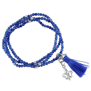 Ice Jewellery Dyed Blue Jade Gemstone Bead Blue Tassel Bracelet in Sterling Silver w/ Fleur-De-Lis Charm - 75000005292 | Ice Jewellery Australia