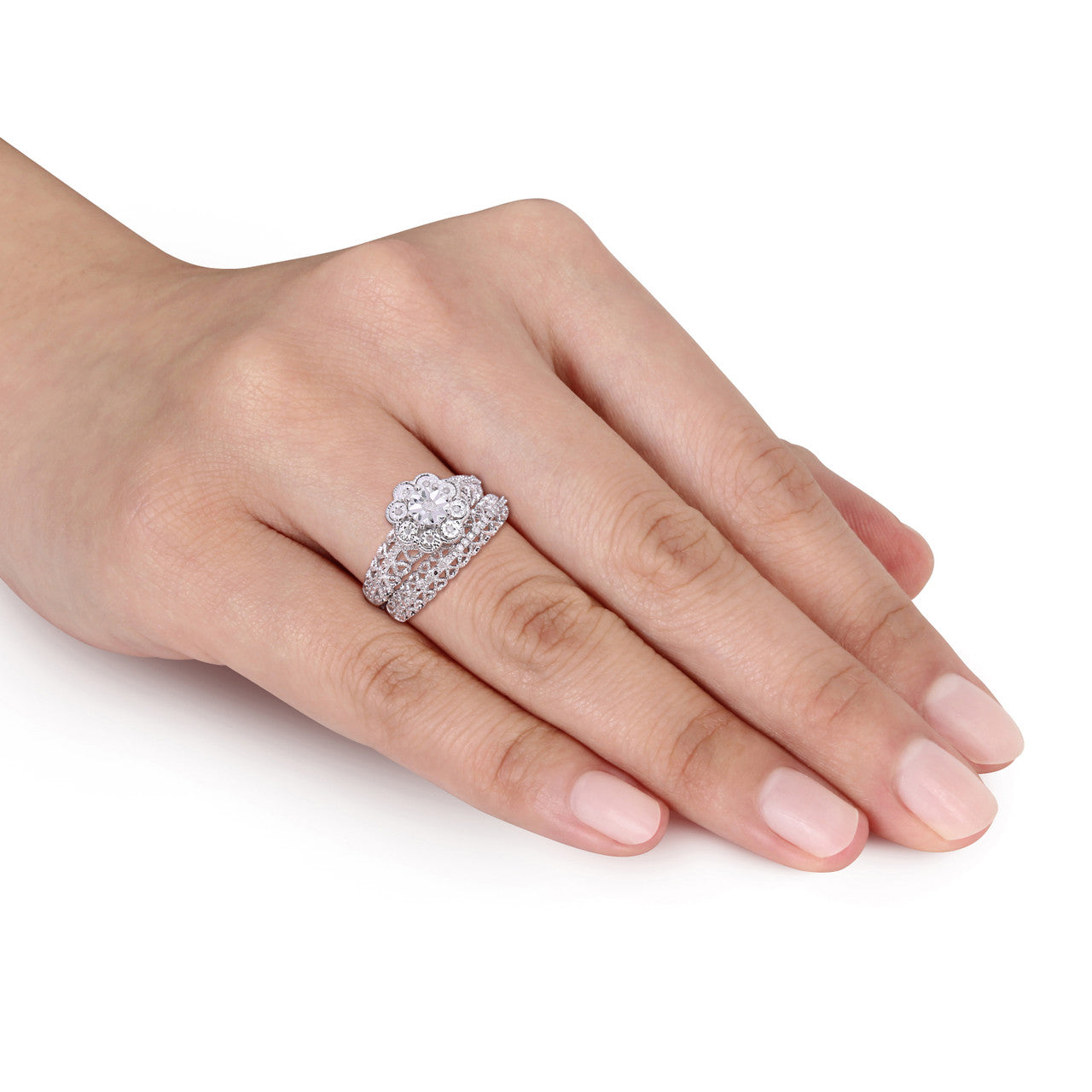 Ice Jewellery 1/6 CT TDW Diamond Flower Bridal Set Ring in Sterling Silver - 75000005409 | Ice Jewellery Australia