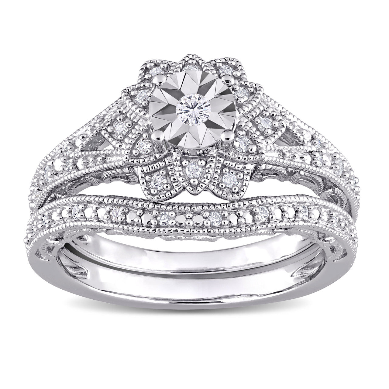 Ice Jewellery 1/5 CT TDW Diamond Flower Bridal Set Ring in Sterling Silver - 75000005411 | Ice Jewellery Australia