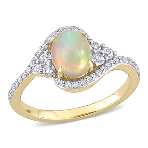 Ice Jewellery 1 CT TW Ethiopian Yellow Opal, White Sapphire And 1/5 CT TW Diamond Oval Halo Twist Ring In 10K Yellow Gold - 75000006040 | Ice Jewellery Australia