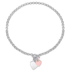 Ice Jewellery Oval Link Necklace With Double Heart Charm And Toggle Clasp In 2-Tone Rose And White Sterling Silver - 75000006078 | Ice Jewellery Australia