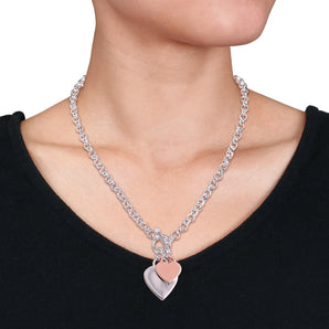 Ice Jewellery Oval Link Necklace With Double Heart Charm And Toggle Clasp In 2-Tone Rose And White Sterling Silver - 75000006078 | Ice Jewellery Australia