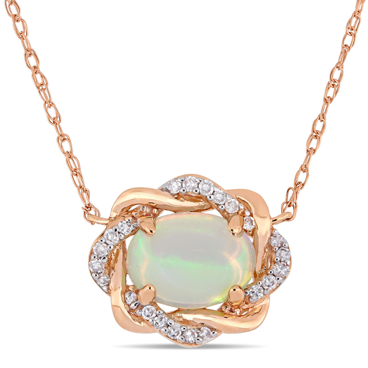 Ice Jewellery 3/4 CT TW Ethiopian Blue Opal And 1/10 CT TW Diamond Interlaced Halo Necklace In 10K Rose Gold - 75000006001 | Ice Jewellery Australia