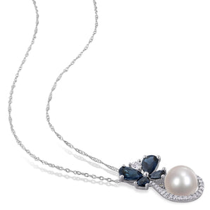 Ice Jewellery Freshwater Pearl, White Sapphire & 1/8 CT Diamond Butterfly Drop Necklace In 10K White Gold - 75000006019 | Ice Jewellery Australia