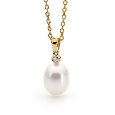 Ikecho Australia 9ct Yellow Gold White Drop 9-9.5mm Freshwater Pearl Diamond Pendant 0.04ct - IP1006-F-P | Ice Jewellery Australia