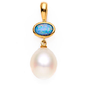 Ikecho Australia 9ct Yellow Gold Light Solid Opal 6mm Pendant With 9mm White Drop Freshwater Pearl - OP002-9YG | Ice Jewellery Australia